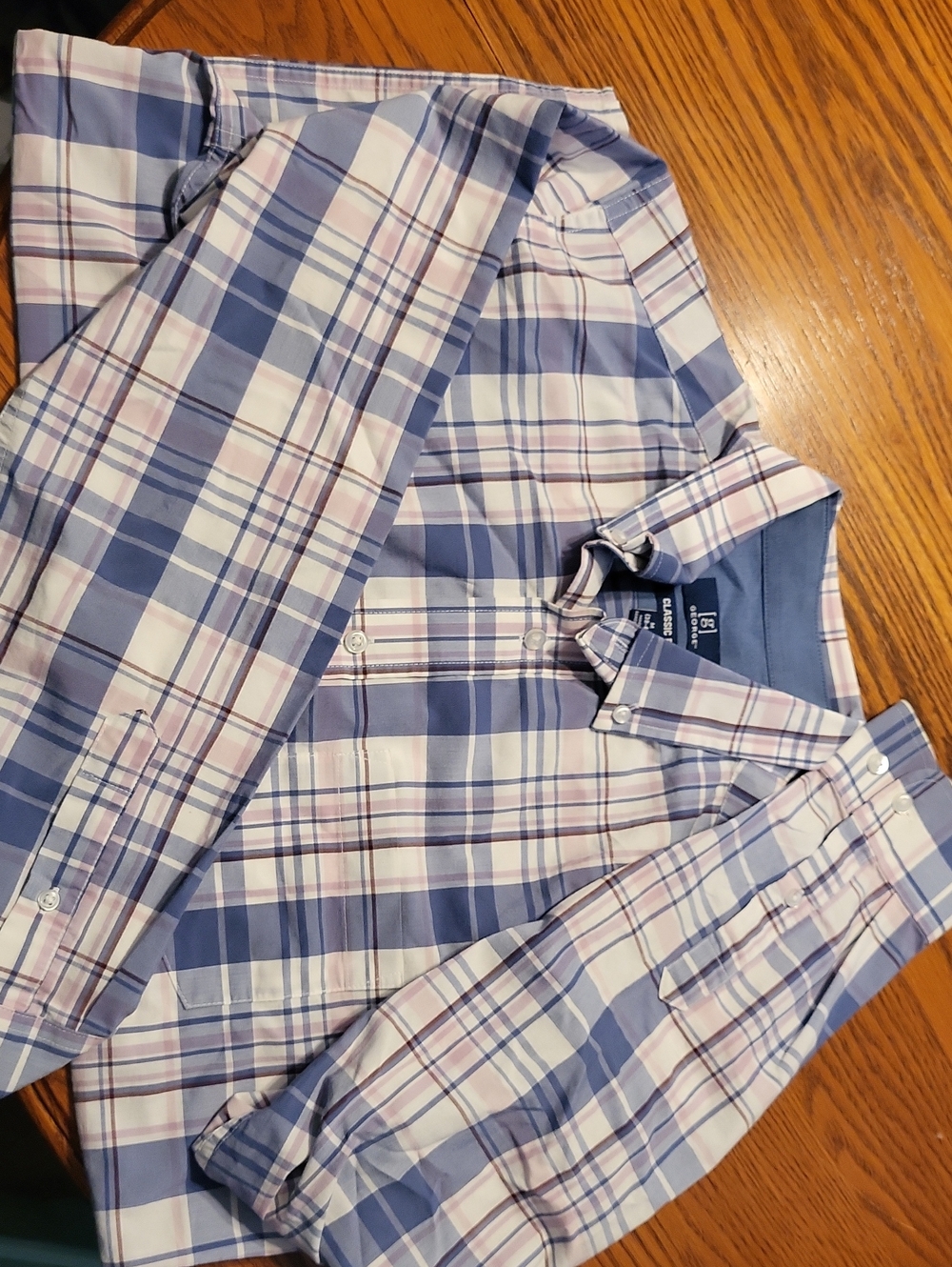 George Men's Casual Button-Down Plaid Shirt in Blue and White with Pink Accents